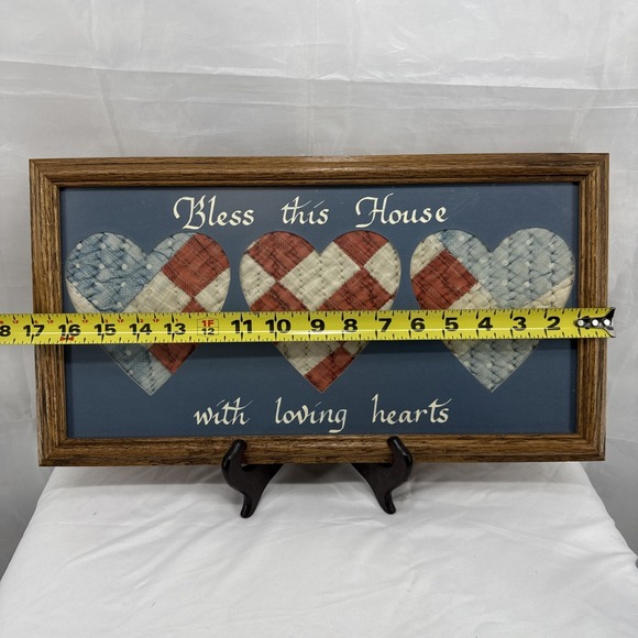 Vintage/Antique Quilt Framed "Bless This Home With Loving Hearts" Red White Blue - Picture 6 of 7